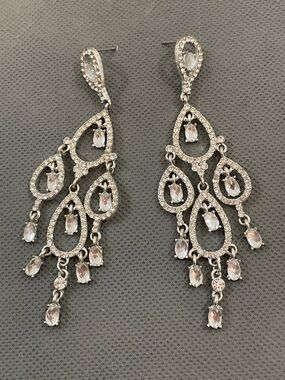 Icing Crystal Teardrop Chandelier Earrings - Silver Tone 4”L 1.25”W New